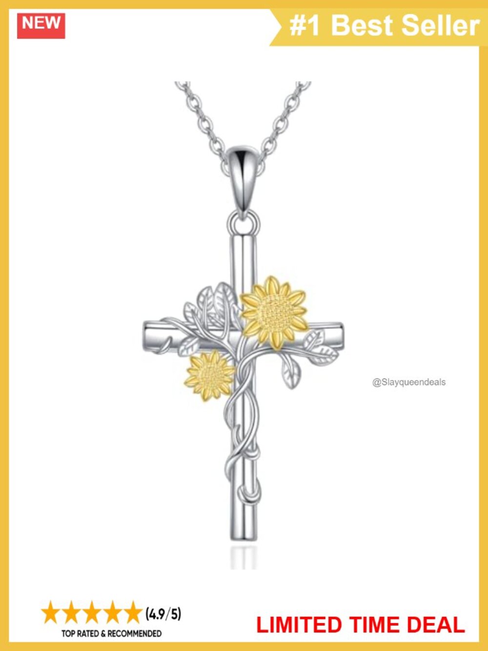 925 Sterling Silver Sunflower Cross Pendant Necklace 22 in Rolo Chain Women